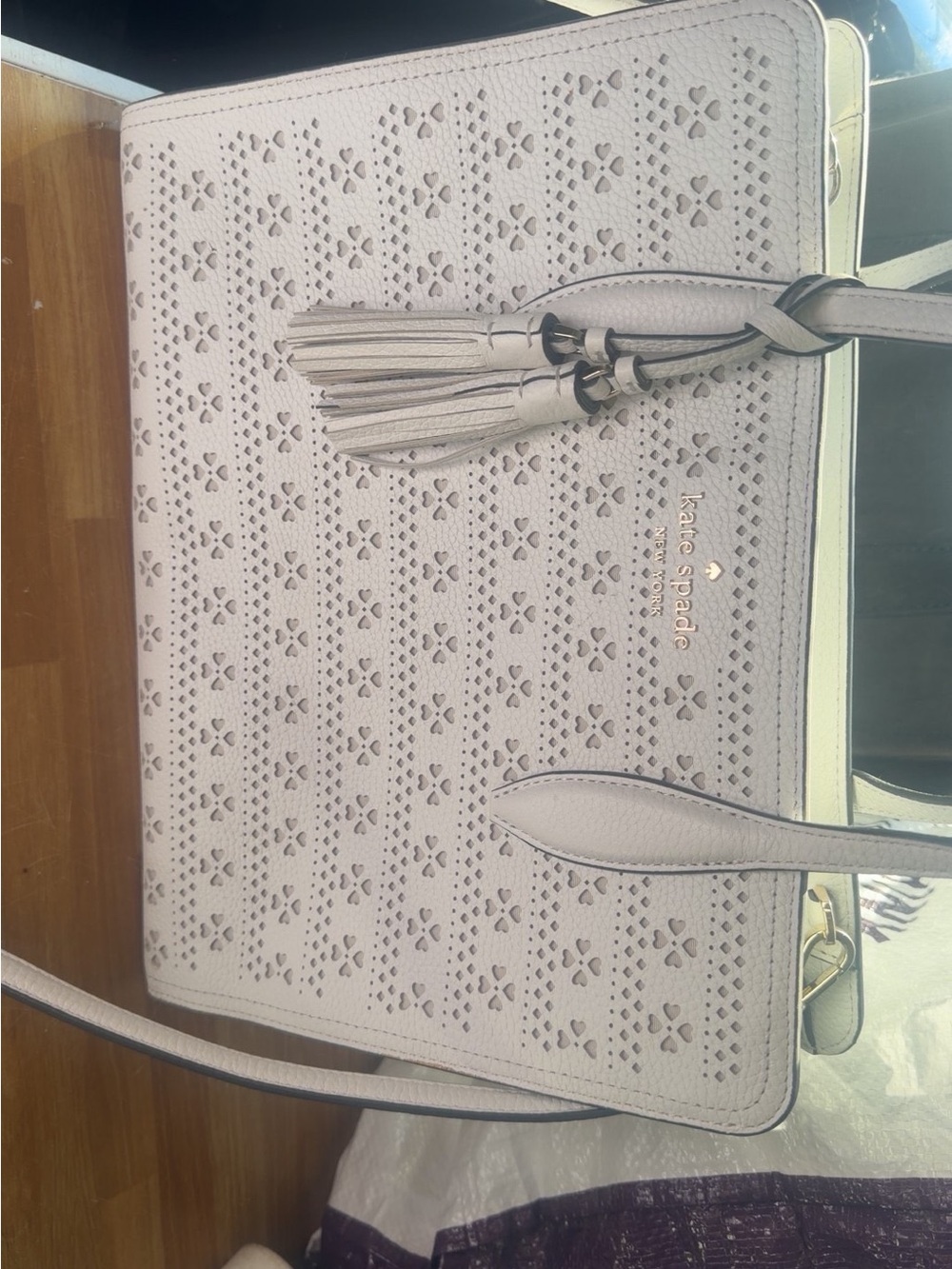 kate spade white Laser-Cut Leather Tote with Tassel